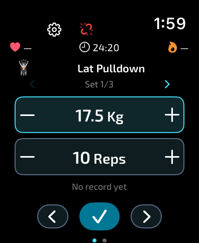 Workout with weight, reps, heart rate and calories in Gymaryx for Apple Watch