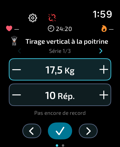 Entraînement avec poids, répétitions, fréquence cardiaque et calories dans Gymaryx pour Apple Watch
