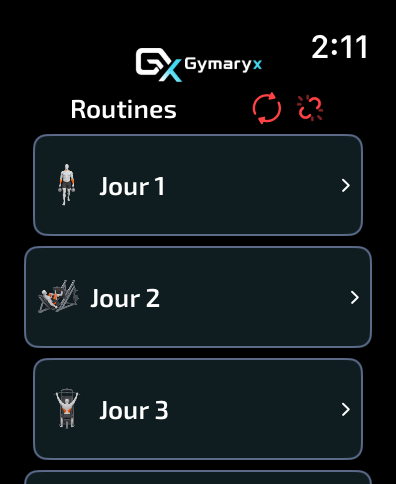 Liste des routines dans l'application Gymaryx pour Apple Watch