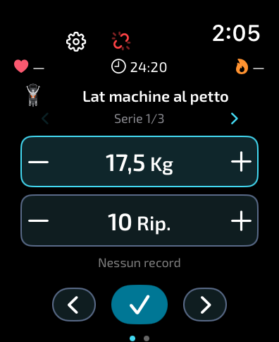 Allenamento con peso, ripetizioni, frequenza cardiaca e calorie in Gymaryx per Apple Watch