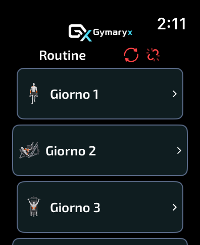 Elenco delle schede nell'app Gymaryx per Apple Watch