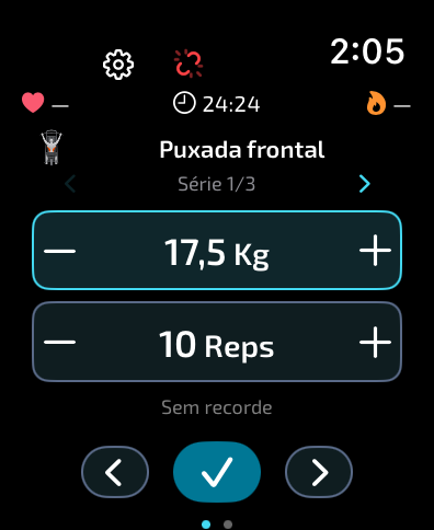 Treino com peso, repetições, frequência cardíaca e calorias no Gymaryx para Apple Watch