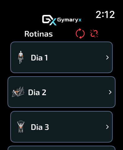 Lista de rotinas no app Gymaryx para Apple Watch