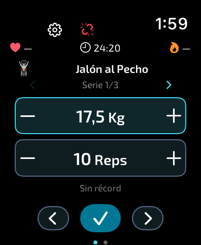 Entrenamiento con peso, repeticiones, pulso y calorías en Gymaryx para Apple Watch